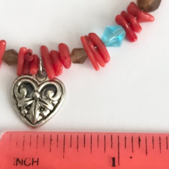 Vintage Fleur de Lis Heart Charm Necklace Choker Red Coral Saints Mardi Gras - Picture 12 of 12